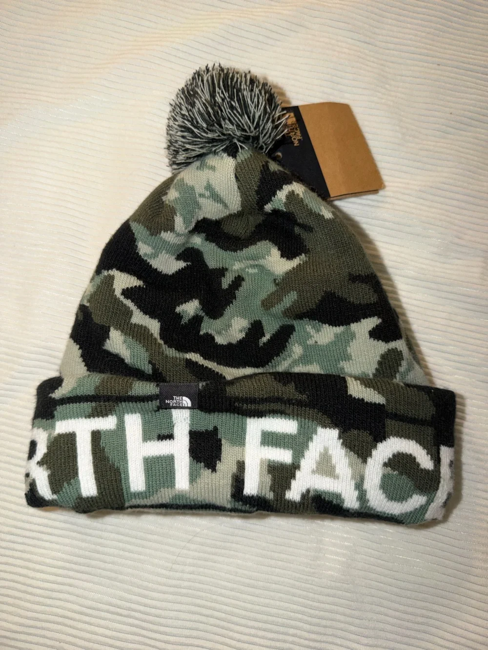 THE NORTH FACE Kid's Ski Tuke Camo Pom Pom Beanie One Size Green Black White